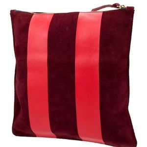 Clare V. Clutch Red Stripe Burgundy Suede Gold Zipper Fold Over